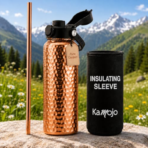 Kamojo Copper Water Bottle 32 oz with Black Insulating Sleeve & Straw - Handcrafted Ayurvedic Design