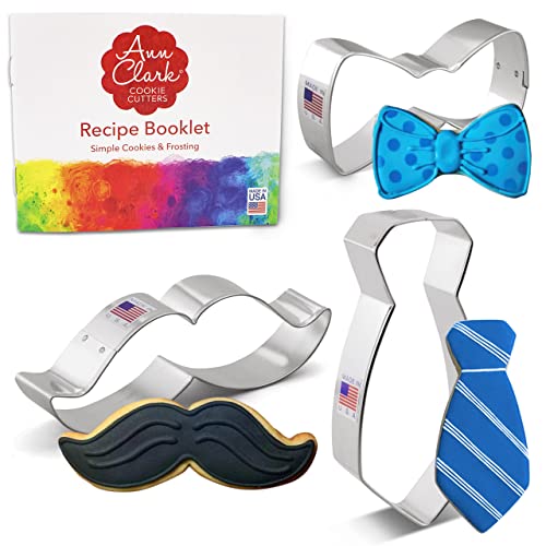 Ann Clark Father's Day Cookie Cutter Set of 3 - Mustache, Bow Tie, Necktie, Made in USA