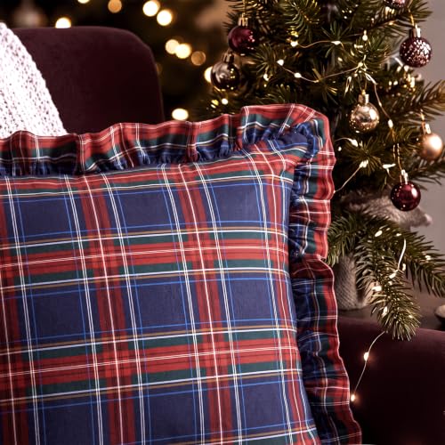 Irenare 2 Pack Christmas Plaid Ruffled Pillow Covers 18x18 Inch, Red & Navy Blue
