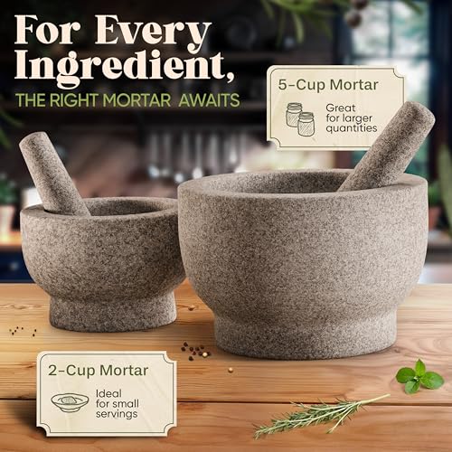 Large Granite Mortar and Pestle Set - 5-Cup Capacity, Dual Pestles, Heavy Duty Kitchen Tool - Black