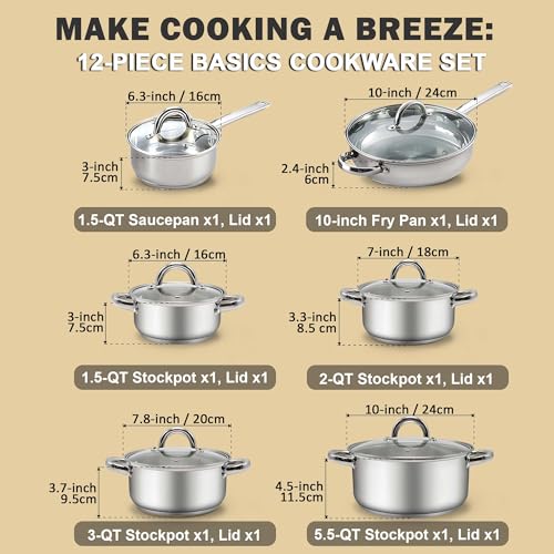 Cook N Home 12-Piece Stainless Steel Cookware Set with Silver Handles, Versatile Kitchen Pots and Pans