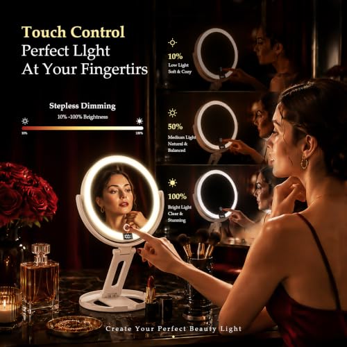Velmelle White Travel Makeup Mirror with Lights, 1X/30X Dual-Sided Magnification