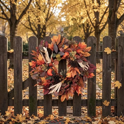 26-Inch Fall Wreath for Front Door - Red Orange Harvest Decor with Maple Leaves, Pumpkins & Berries