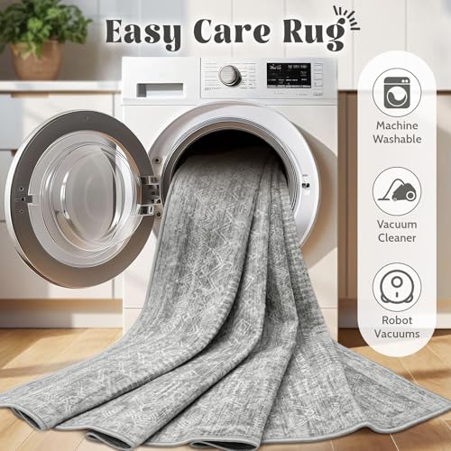 Grey 8x10 Washable Moroccan Boho Rug - Non-Slip Stain-Resistant Living Room Carpet