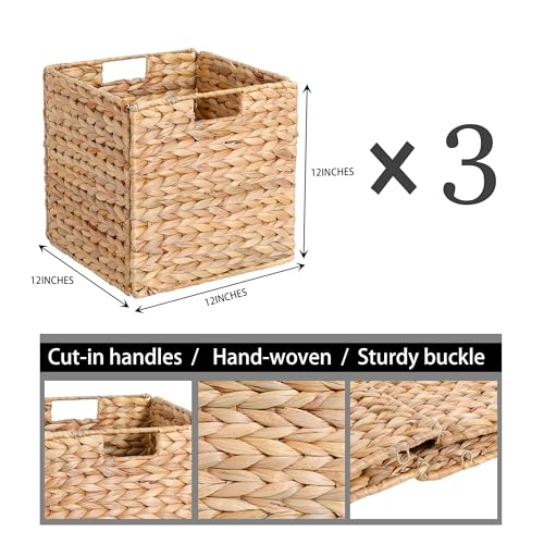 DINGTAI Water Hyacinth Storage Baskets - 12x12x12in Foldable Cubes for Shelves, Set of 3, Wicker Organizers for IKEA Kallax