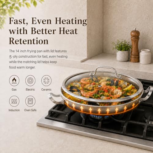 DELARLO 14 Inch Black Tri-Ply Stainless Steel Paella Pan with Lid, Induction Ready