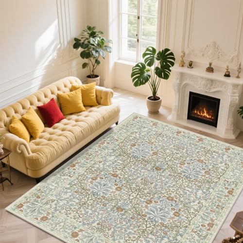 8x10 Beige Blue Washable Area Rug - Soft Botanical Floral Carpet for Living Room