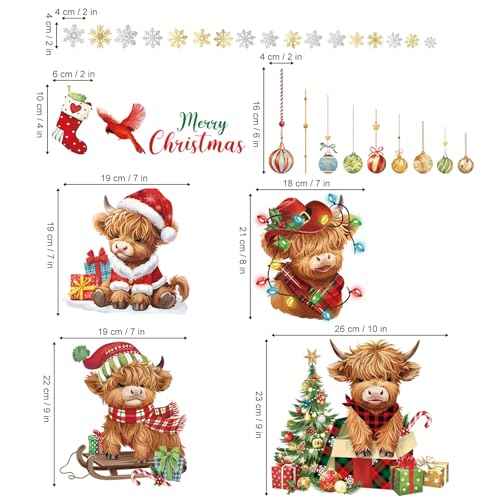 decalmile Merry Christmas Highland Cow Double Sided Window Clings Reusable Xmas Tree Gifts Snowflake Anti-Collision Glass Doors Window Stickers Decals