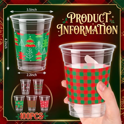 100 Pcs Christmas Plastic Cups 12 oz - Classic Holiday Party Disposable Glasses