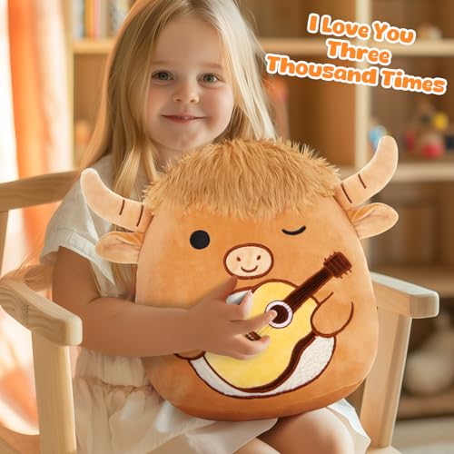 Glow Guards 12'' Heartbeat Scottish Highland Cow Plush Pillow Cute Recordable Stuffed Animal Recorder Cow Plush Toy Birthday Gift for Boys Girls,Brown Highland Cow