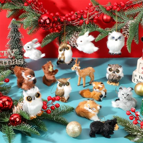 Jexine 50 Pack Plush Felt Woodland Animal Christmas Ornaments - Modern Furry Holiday Tree Decorations