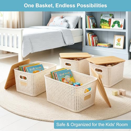Bagnizer 2 Pack Tall Plastic Storage Bins with Bamboo Lids, 10.8qt