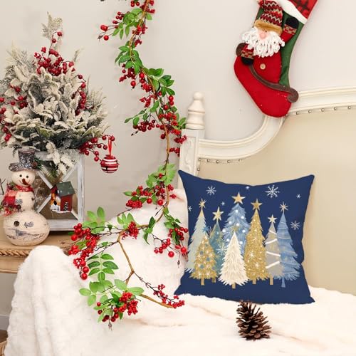 Christmas Pillow Cover 20x20 Inch Watercolor Tree & Stars Holiday Decor