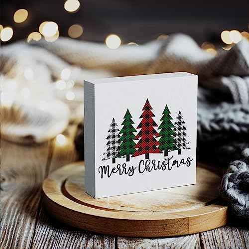 Funny Christmas Trees Wooden Box Sign Plaque Merry Christmas Wood Box Sign Rustic Art Home Shelf Desk Decor christmas tree decorations 5 x 5 x 1 Inches