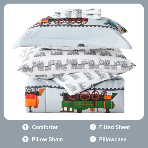 Viviland Kids Twin Bedding Sets with Light Grey Train Pattern, 5 Pieces - Comforter, Sheets & Pillowcase, Twin Size