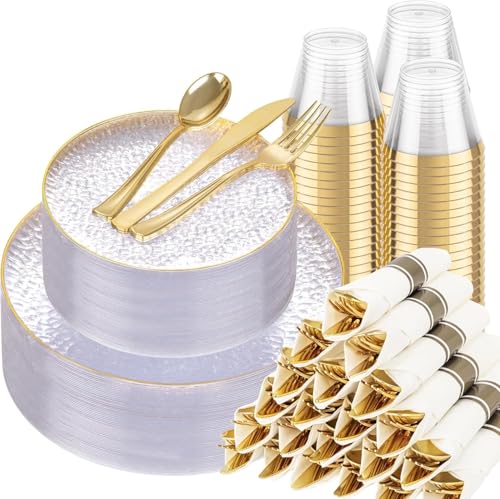 Hioasis Clear Gold Disposable Plates - 350 Pcs Wedding & Party Tableware
