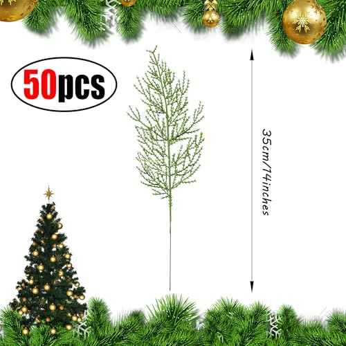 SITUMEIZI 50 Pcs Artificial Pine Sprigs Faux Christmas Greenery Stems 14 Inches Picks Christmas Pine Branches Cypress Plastic Decor for Wreath Craft DIY Holiday Decorations(50,Green)