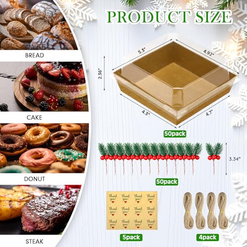 50 Pack Christmas Charcuterie Boxes with Clear Lids, Pine Cones & Thank You Stickers