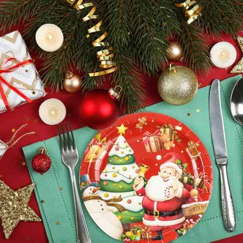 50PCS Merry Christmas Paper Plates - 7Inch Winter Theme Dessert Plate for Cake Salad Fruit Cartoon Tableware Set Disposable Decoration Supplies for Winter, Christmas Party