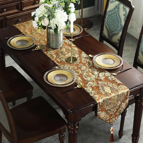 Caramel Table Runners 108 inches Long Vintage French Floral Chenille
