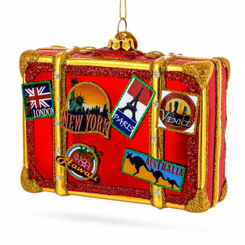 BestPysanky Handcrafted Glass Christmas Ornament - Well-Traveled Suitcase, Holiday Decor