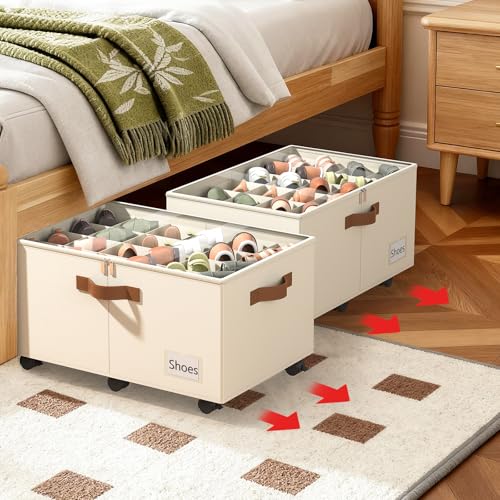 Foyego 2-Pack Beige Shoe Organizer for Closet with Wheels, 25.5 x 17 x 12.5 inches