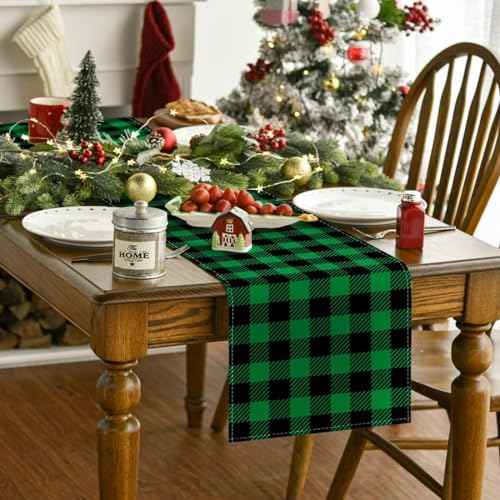 Green and Black Buffalo Plaid Table Runner 13x72 Inch Classic Christmas Plaid Farmhouse Kitchen Dinning Table Decoration for Home Party Decor