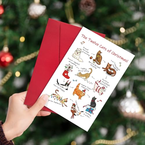 Ogeby Twelve Cats Christmas Card with Envelopes, Funny Holiday Gift for Cat Lovers, Multi-Color