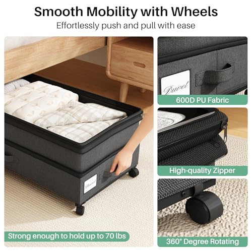 Kitstorack 2-Pack Height-Adjustable Under Bed Storage Containers with Wheels & Clear Window, Black