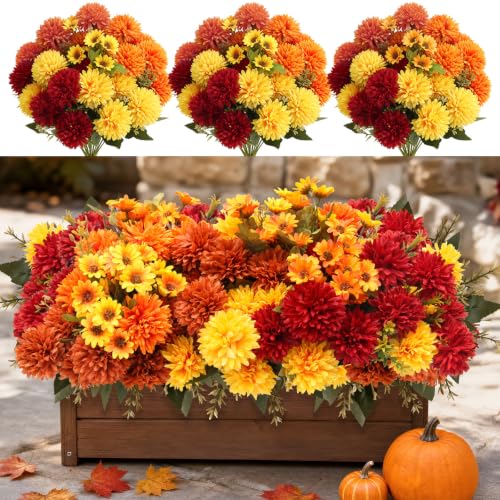 A-16pcs Fake Mums Artificial Fall Flowers for Outdoors Planters Decor - Flortevera