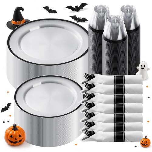 BESTSTAR Black and Clear Disposable Plastic Plate Set for 50 Guests - 350 Pieces