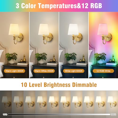 Gold Battery Operated Wall Sconces Set of 2 - Dimmable RGB LED with Remote