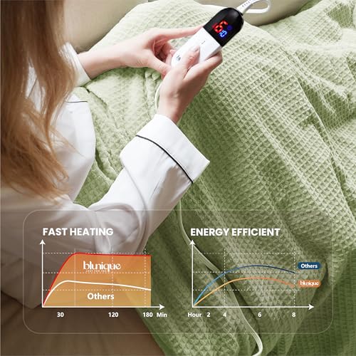 Sage Blunique Twin Electric Heated Blanket 62x84 Inches Waffle Sherpa Fast Heating