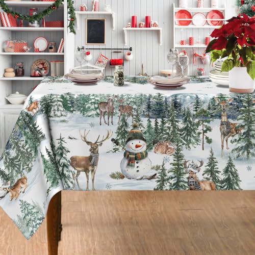 LEWARAN Christmas Tablecloth 52x70 Rectangular Snowmen & Deer Polyester