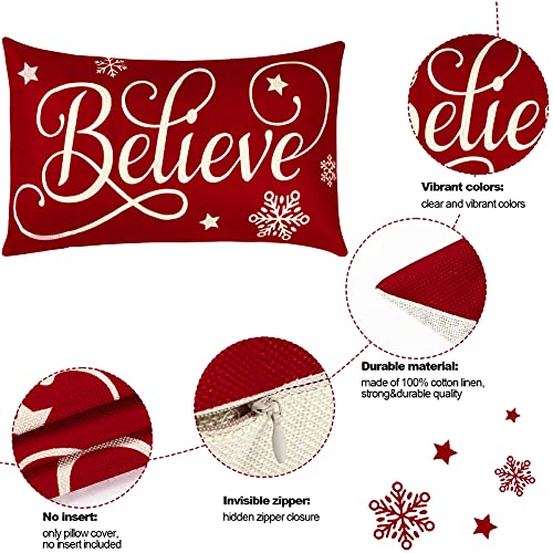 2 Pieces Christmas Pillow Covers 12 x 20 Inch Xmas Believe Throw Pillow Cases Red Cushion Cover Rectangle Xmas Linen Pillowcases for Home Bedroom Couch Sofa Christmas Decorations