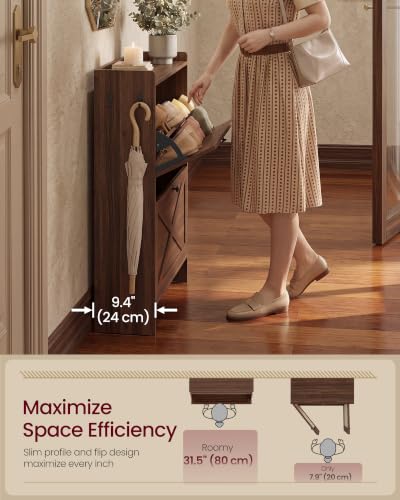 VASAGLE Narrow Shoe Storage Cabinet Organizer Chestnut Walnut, 2 Flip Drawers