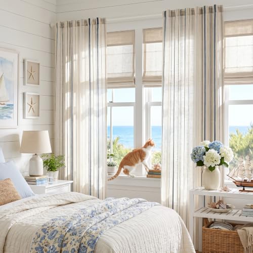 Ocean Tide Blue Linen Curtains 84 Inch Farmhouse Back Tab 2 Panels