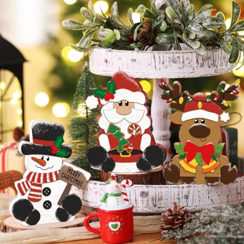 Merry Christmas Wooden Decorations Set - 3 Pcs Rustic Table Centerpieces