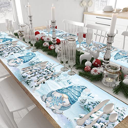 Let It Snow Christmas Table Runner with 6 Placemats Set - 13 x 72 Inch Blue Gnome Snowflake