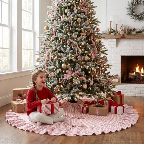 JOVIPOP Christmas Tree Skirt Large 72 Inch Red Pinstripe Ruffle - Farmhouse Holiday Decor
