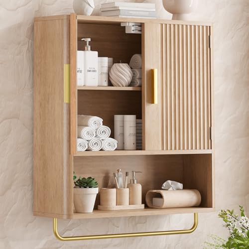 Memobarco Natural Oak Bathroom Wall Cabinet with Fluted Door & Adjustable Shelf