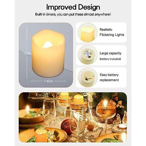 SHYMERY Flameless Votive Candles with Timer,12 Pack Last 15 Days Battery Operated Flickering LED Candles,18 Hours Off in 24 Hours Auto Tea Lights for Halloween Christmas Wedding Decorations1.48 x1.6