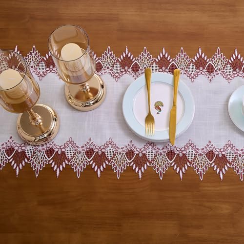 Raedan Dark Red & White Linen Lace Table Runner 16x72 Inches for Dining & Decor
