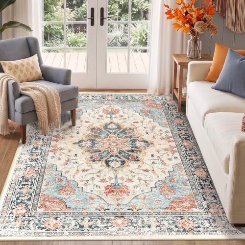 Washable Area Rug 5x7 Feet - Beige, Blue & Orange Vintage Sunflower Pattern