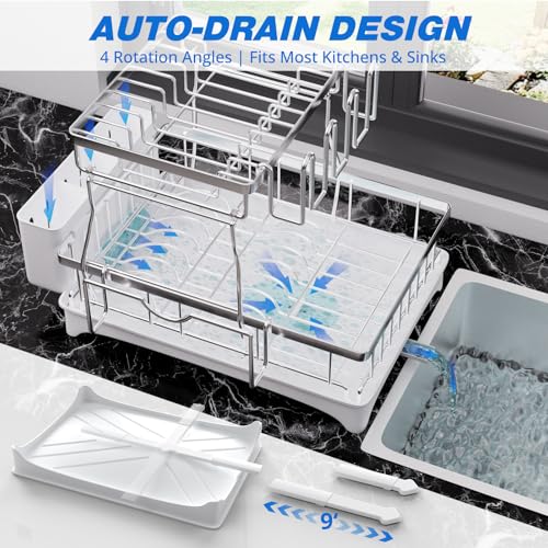 Godboat Silver 2-Tier Stainless Steel Dish Drying Rack with Auto Drain System