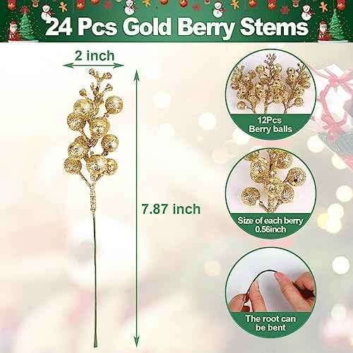 CCINEE 24 Pcs Christmas Gold Berry Stems,7.8Inch Xmas Artificial Glitter Berry Branches for Christmas Tree Ornaments DIY Xmas Wreath Crafts Home and Holiday Decor