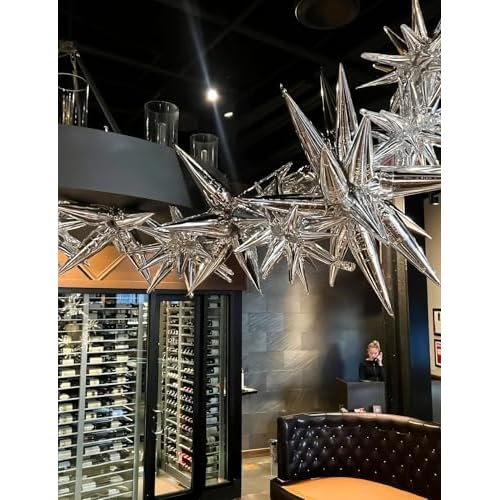 Silver Star Balloons,8Pcs Foil Balloons Explosion Star Balloon One-Piece 14-Pointed Spike Cone Mylar Balloon for halloween Birthday Wedding Bachelorette Disco Party Decorations