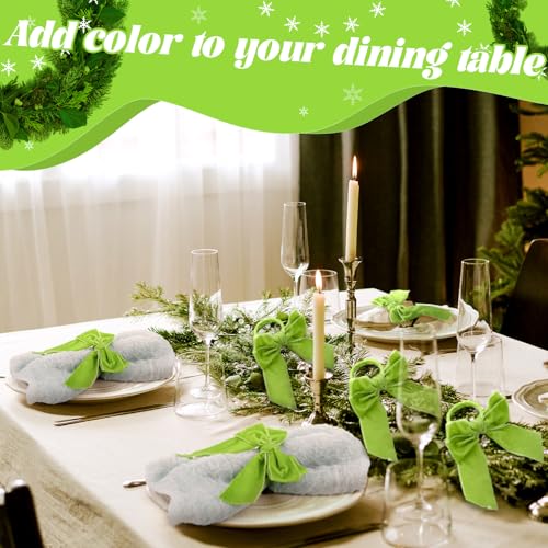 Maxdot 12 Pcs Bow Napkin Rings Set, Velvet Napkin Holders Buckles 4 x 4.9 Inch Serviette Rings for Family Dinner, Wedding, Party, Banquet, Table Decorations (Green)