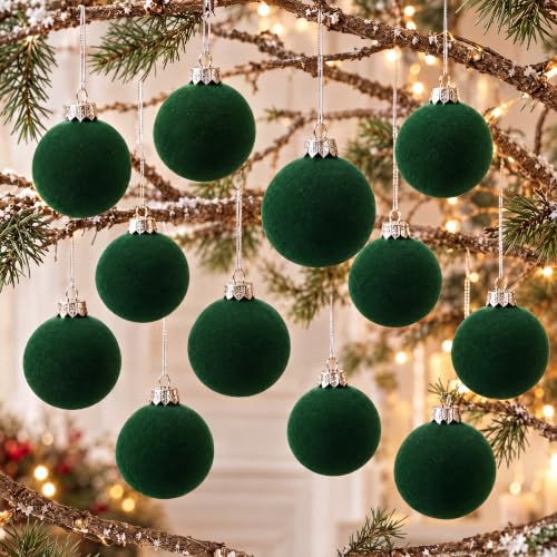 Sosation 12 Pcs Dark Green Velvet Christmas Ornaments, 3.15" Glass