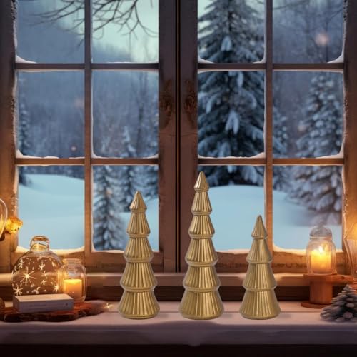 IDATOO Gold Wooden Christmas Tree Set of 3 Tabletop Decor for Holiday & Home